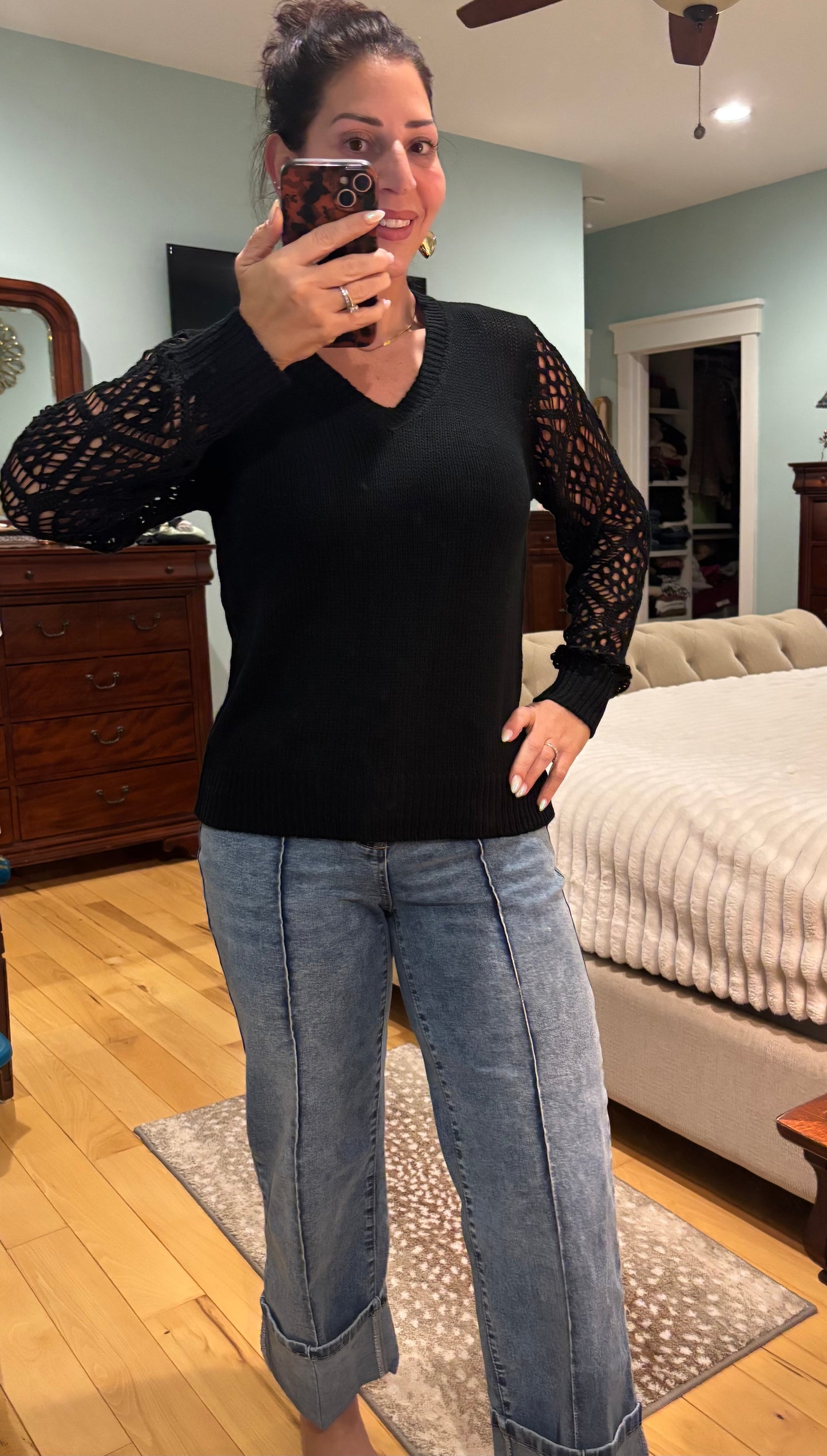 Pointelle Knit Sleeve Sweater