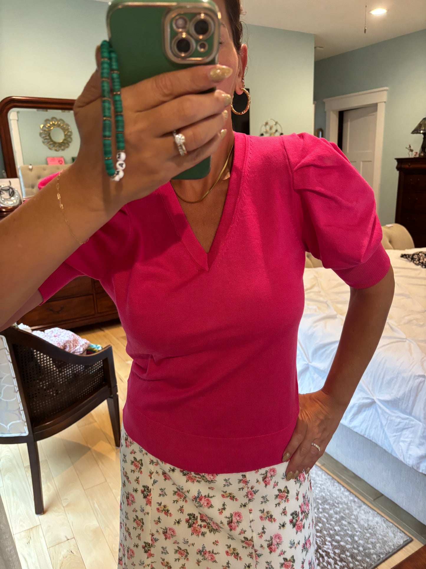Be Bold Fuchsia Shirred Puff Sleeve Sweater Top