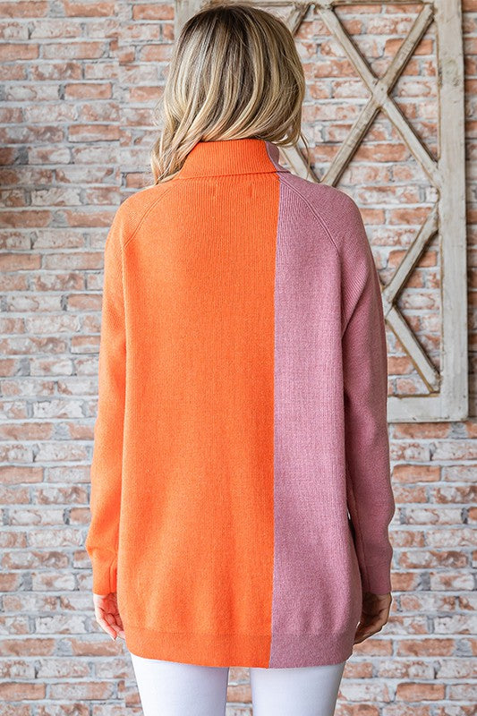 Orange & Mauve Colorblock Cowl Neck Sweater