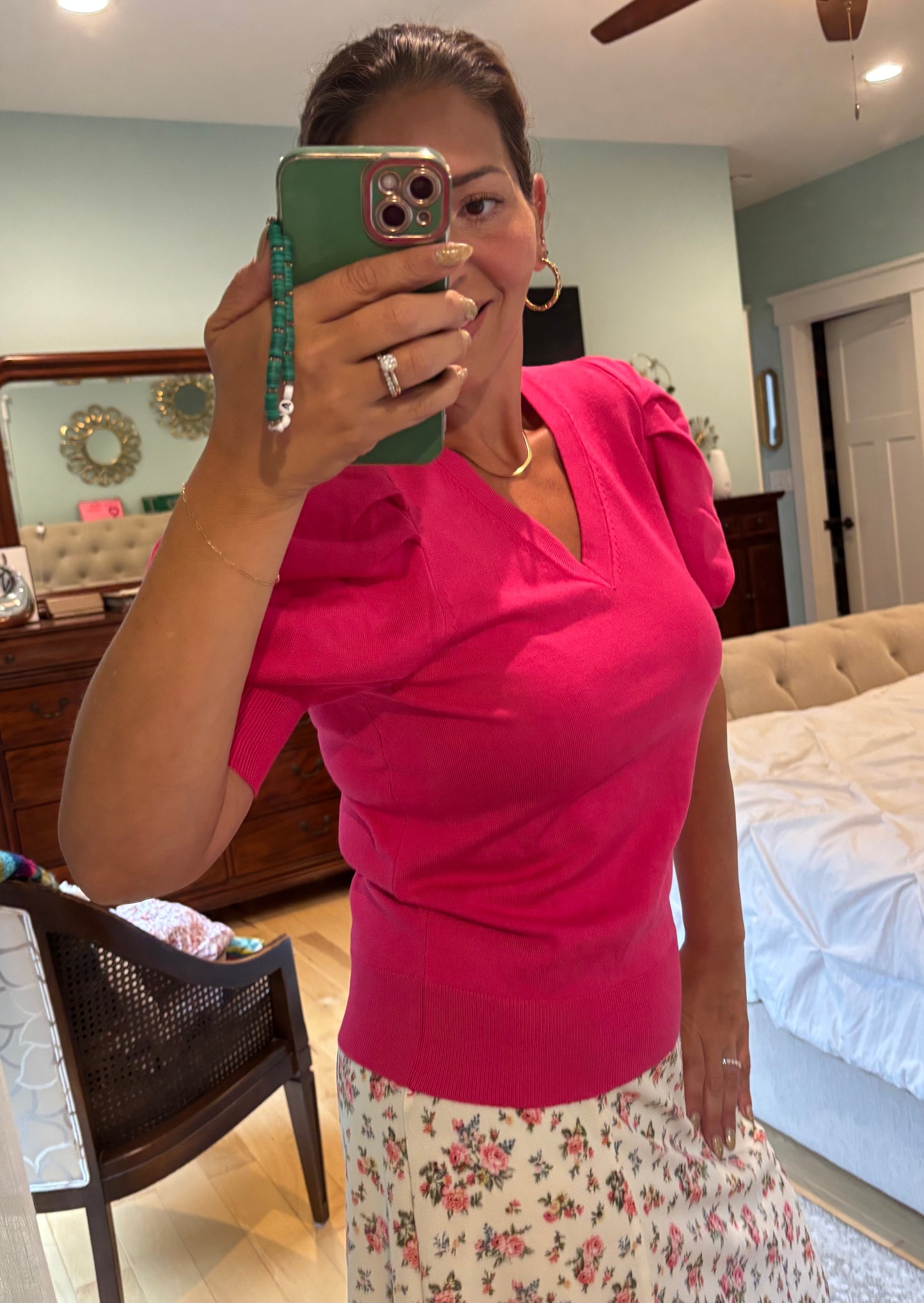 Be Bold Fuchsia Shirred Puff Sleeve Sweater Top