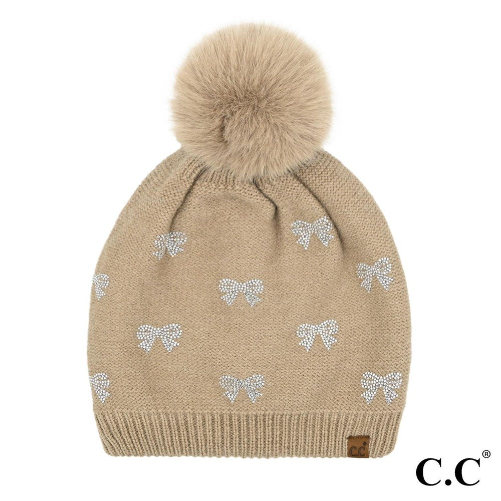 Rhinestone Bow Pom Beanie