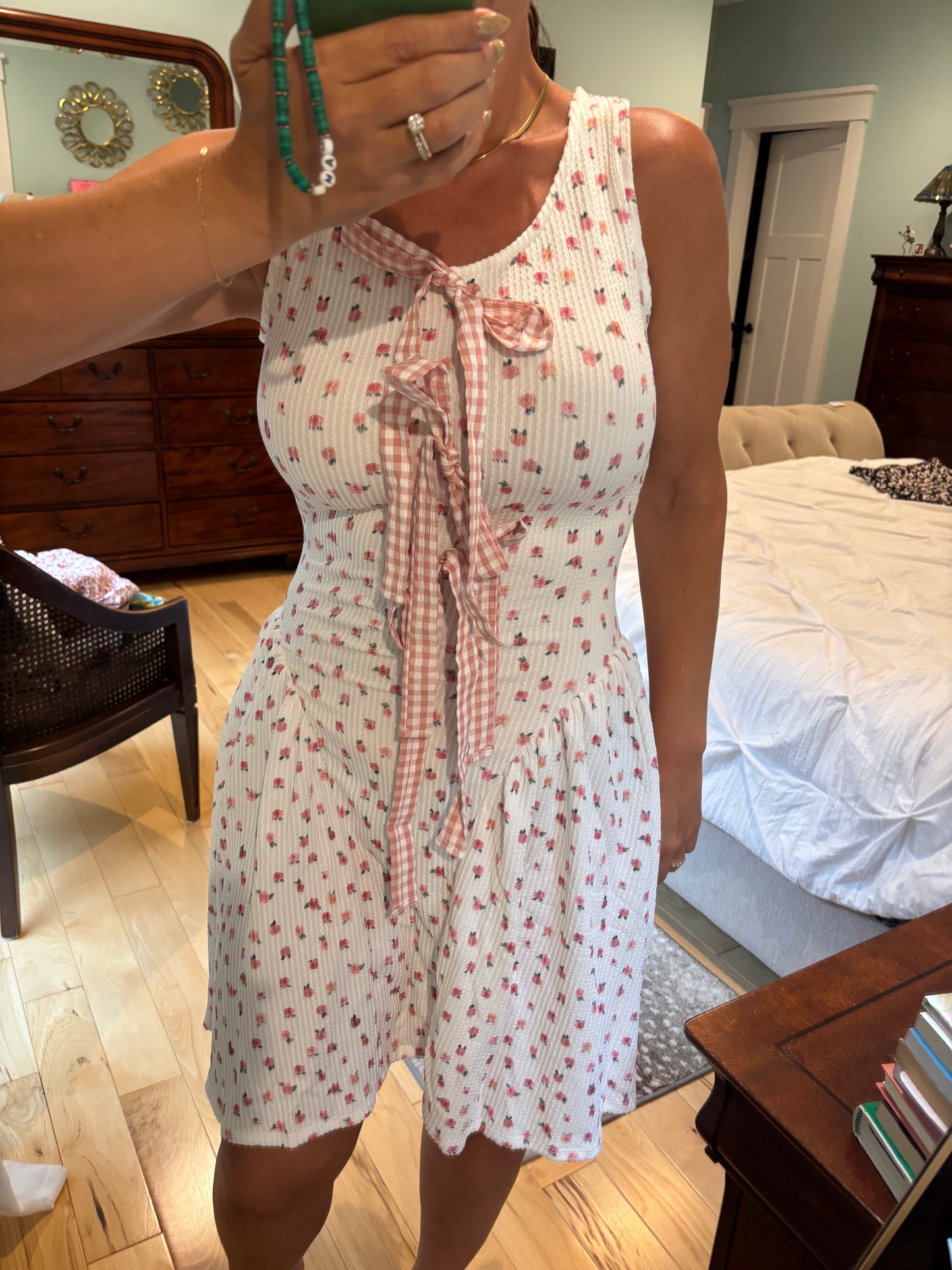 Beautiful You Ivory Floral Ribbon Tie Sleeveless Dress