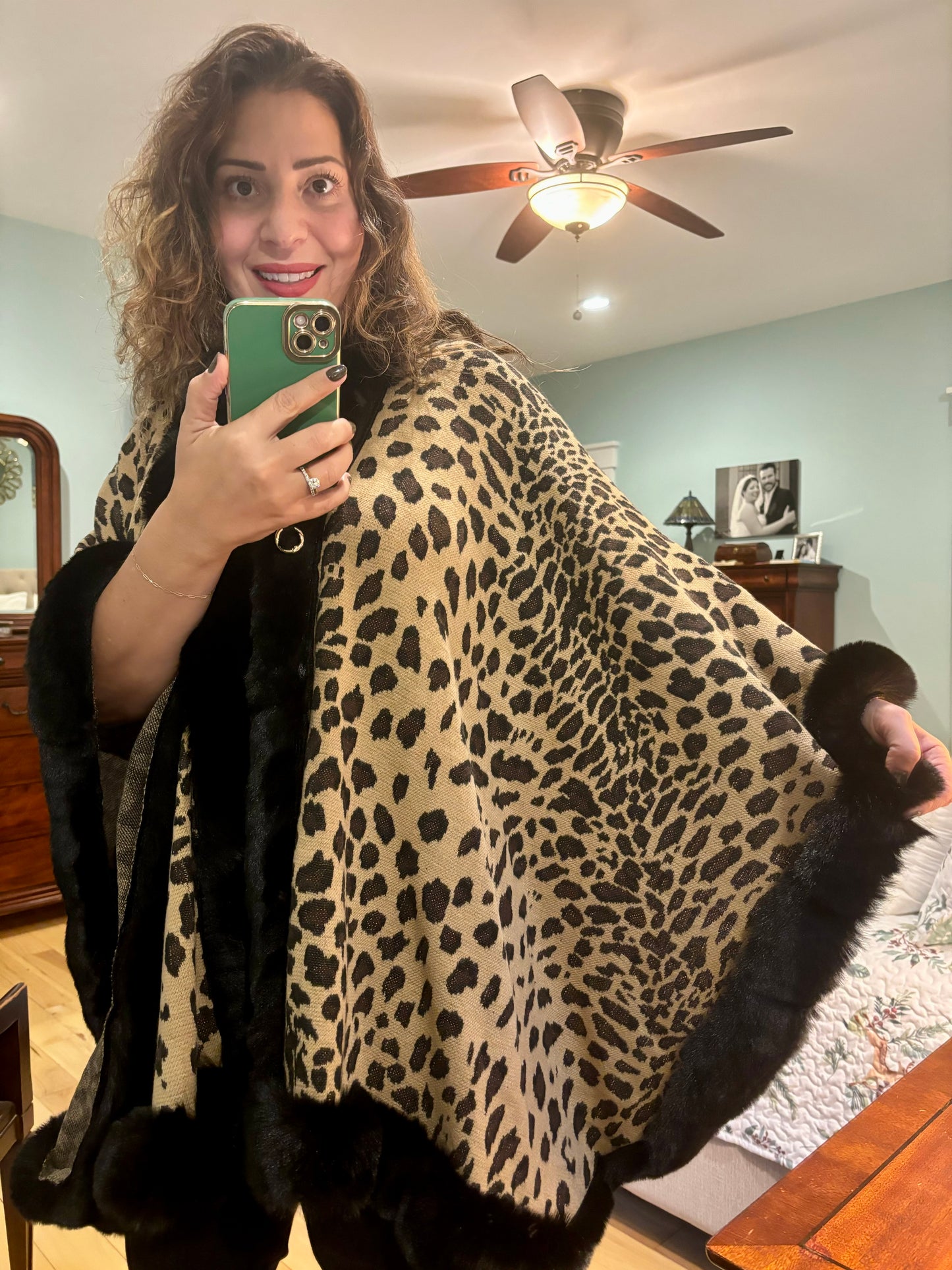 Leopard Fur Trim Cape