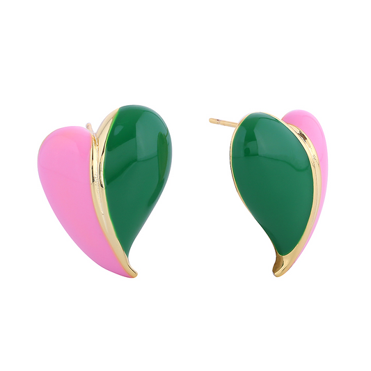 Pink & Green Enamel Heart Earrings