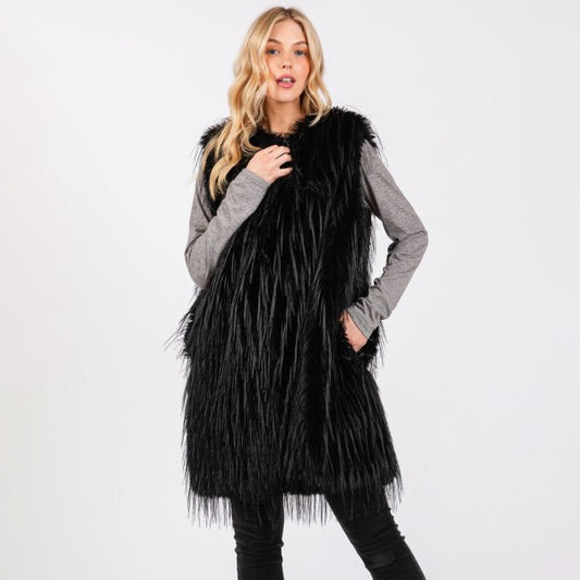 Edgy Full Faux Fur Vest - Black