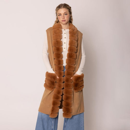 Faux Fur Trim Long Vest - Camel