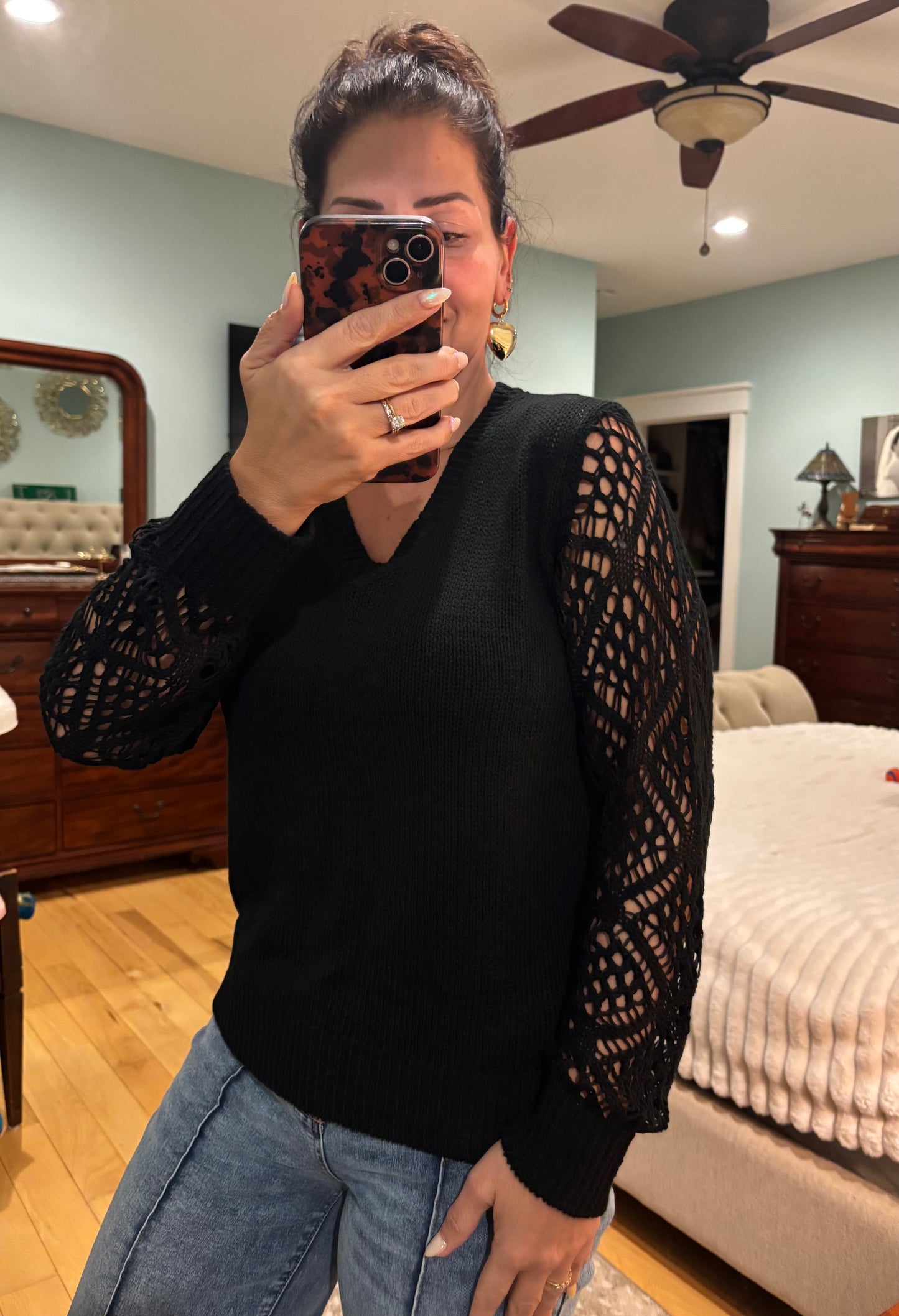 Pointelle Knit Sleeve Sweater