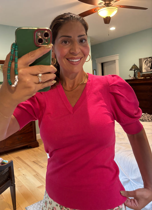 Be Bold Fuchsia Shirred Puff Sleeve Sweater Top