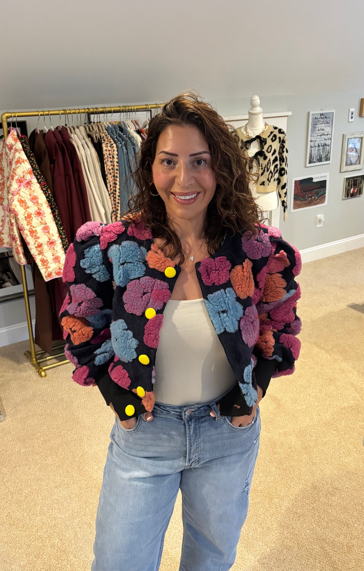 Fuzzy Floral Bomber Sweater