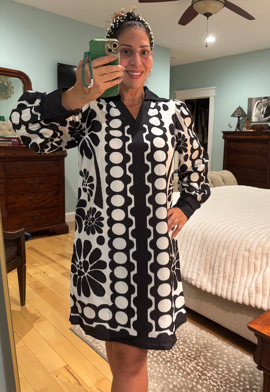 Geometric B&W Collared Dress