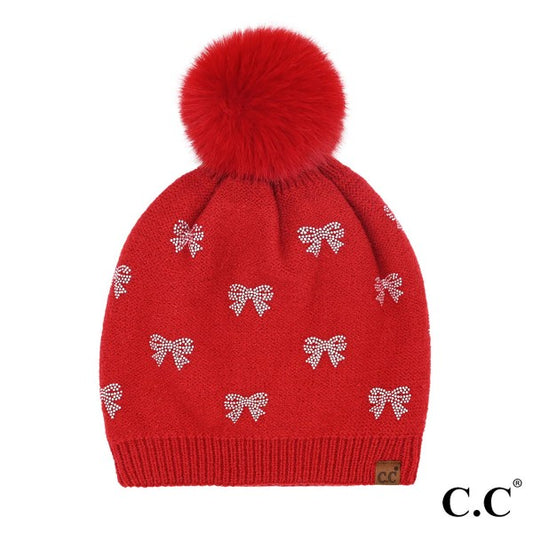 Rhinestone Bow Pom Beanie