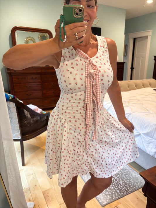 Beautiful You Ivory Floral Ribbon Tie Sleeveless Dress